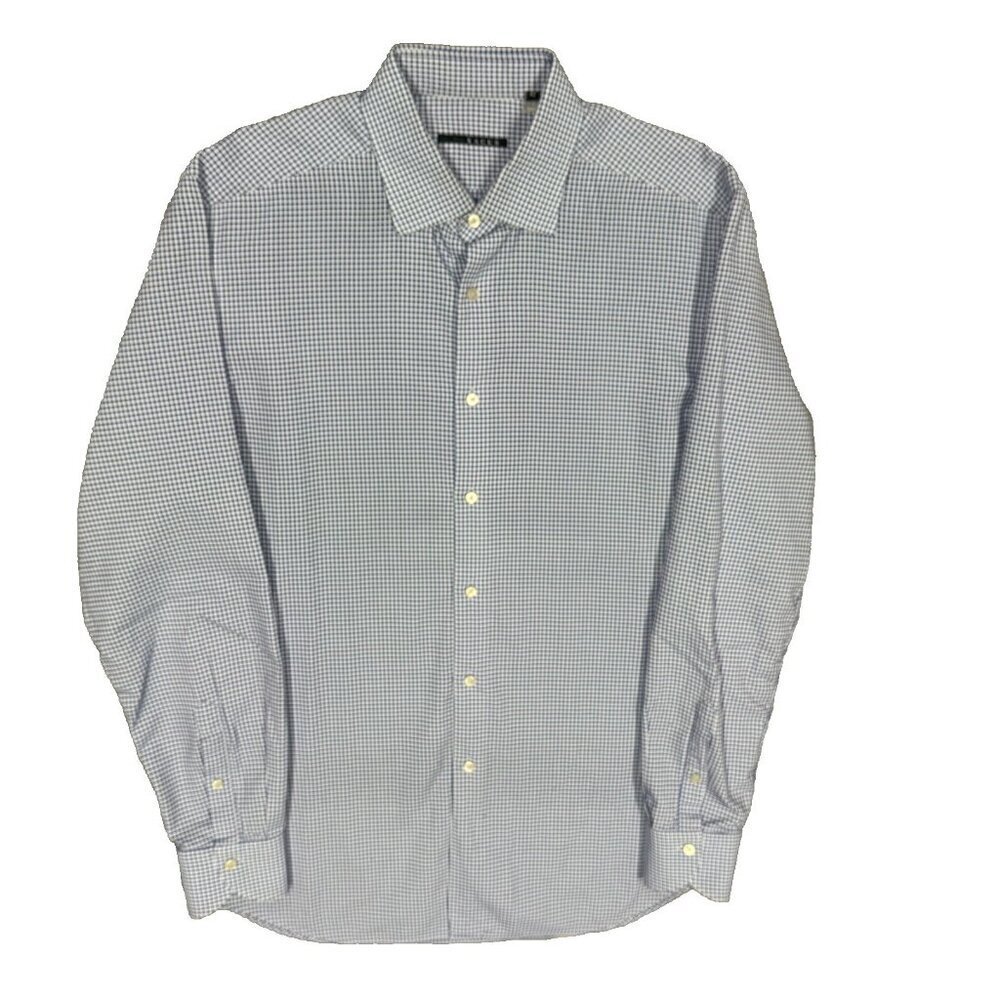XACUS Dress Shirt Textured Madeβ in Italy Cotton Long Sleeve Blue 16.5 Large